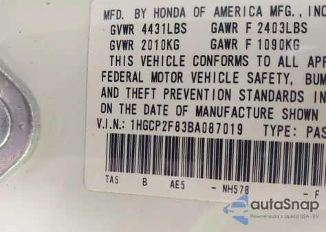 2011 Honda Accord 2.4 Ex-L from USA, damaged, VIN 1HGCP2F83BA087019